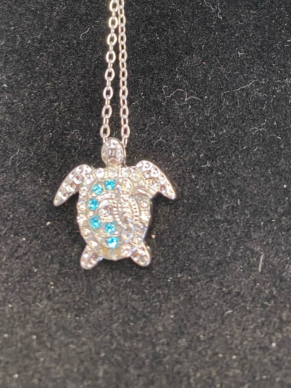 Silver Turtle Pendant Necklace with Blue Crystal Accents